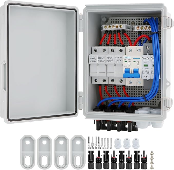 4 String Solar Combiner Box IP65 Waterproof PV Combiner Box with 20A Rated Current Fuse 63A Air Circuit BreakerLightning Arrester for On/Off Grid Solar Panel System