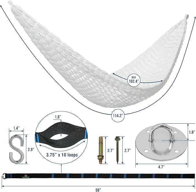 Tranquillo Hammock 550 lbs Capacity Double Hammocks Camping Hammock with Hammock Straps Hammocks for Outside Hiking Camping Essentials Indoor - Garden Portable Tree Straps White