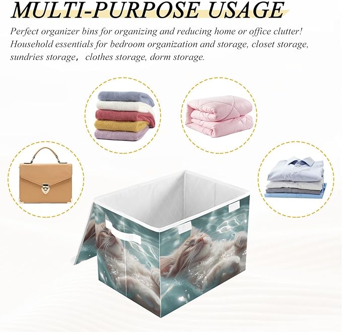 AIXIWAWA Lidded Storage Cube (Cat in Pool) Fabric Foldable Closet Bins with Flip Lid and Handles Organizer Basket Container 16.5 x 12.6 x 11.8 IN