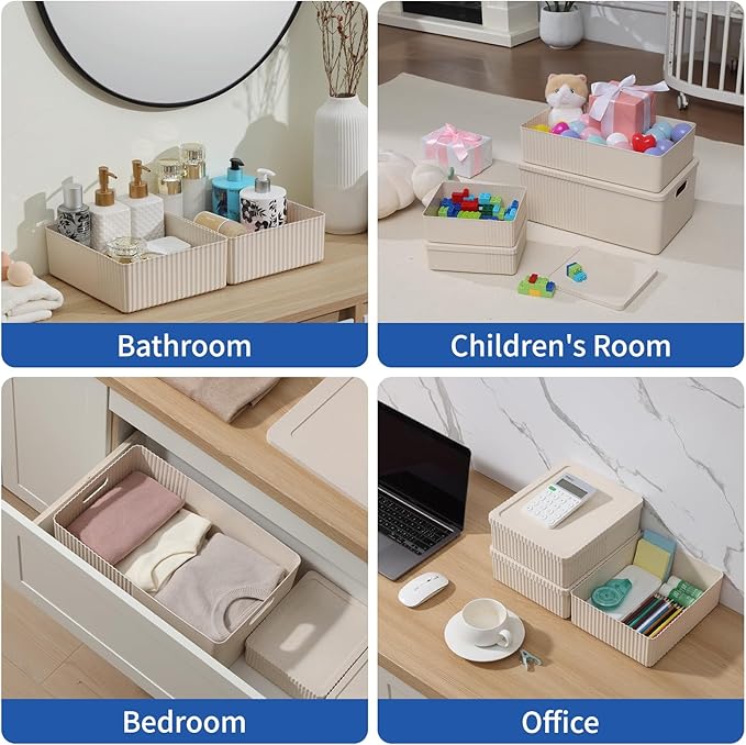 6 Pack Plastic Storage Bins with Lids - Nestable &amp Stackable Organizer Baskets for Pantry Closet &amp Shelves - Decorative Storage Containers Set (S/M/L 3 Sizes) - BPA Free