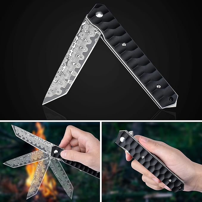 AUBEY Damascus Pocket Knife with Clip Tanto Blade Damascus Steel Folding Knives for Men Tactical Aluminum Handle with Glass Breaker for EDC Camping Gift