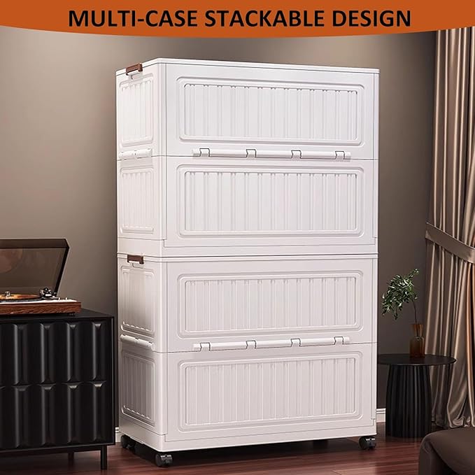 190QT Large Plastic Storage Bin With Lid And Wheels Folding Stackable Storage Box For Home Office Clothes And Blanket Organizer