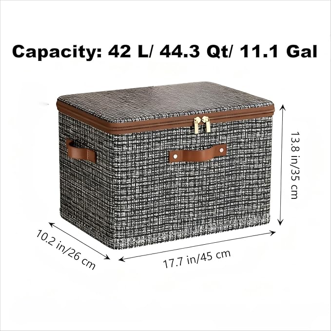 3 Pack 44.3 Quart Fabric Storage Bins with Lid 17.7x13.8x10.2 in Stackable Closet Organizer Baskets Foldable Polyester Cube Storage with Handles Decorative Organizer Boxes for Shelves Grey