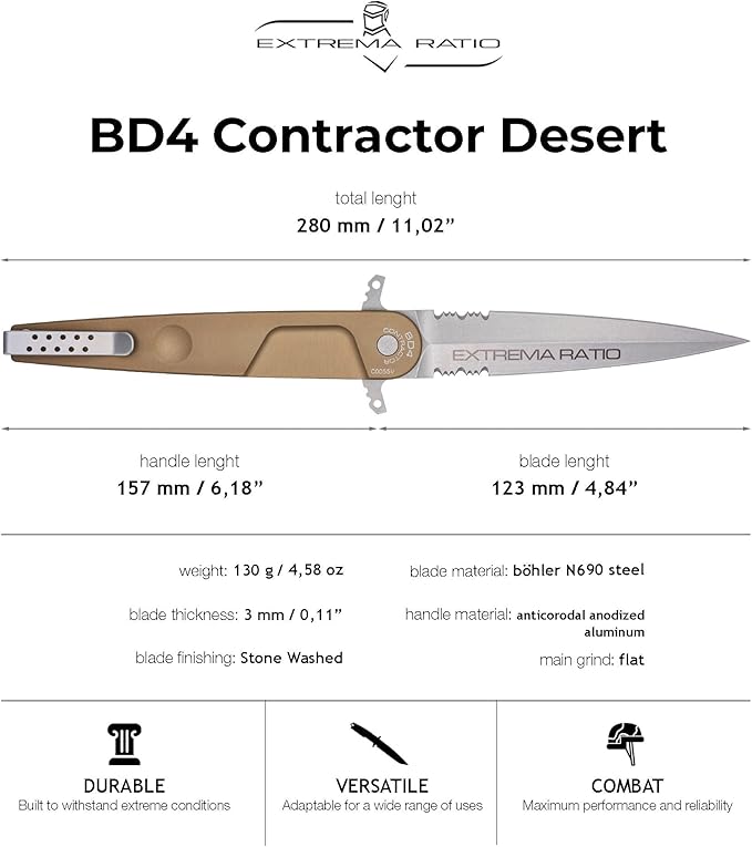 Extrema Ratio - BD4 Contractor (Desert) Folding Knife Bhler N690 Steel Blade Stone Washed Finish Smooth Aluminum Handle Ergonomic Design Reversible Clip