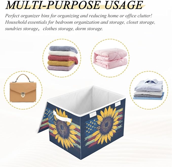 Sunflower America Storage Cube Bins Basket with Lid Collapsible Flip-top Fabric with Handle for Home Bedroom Closet Office 16.5×12.6×11.8 in