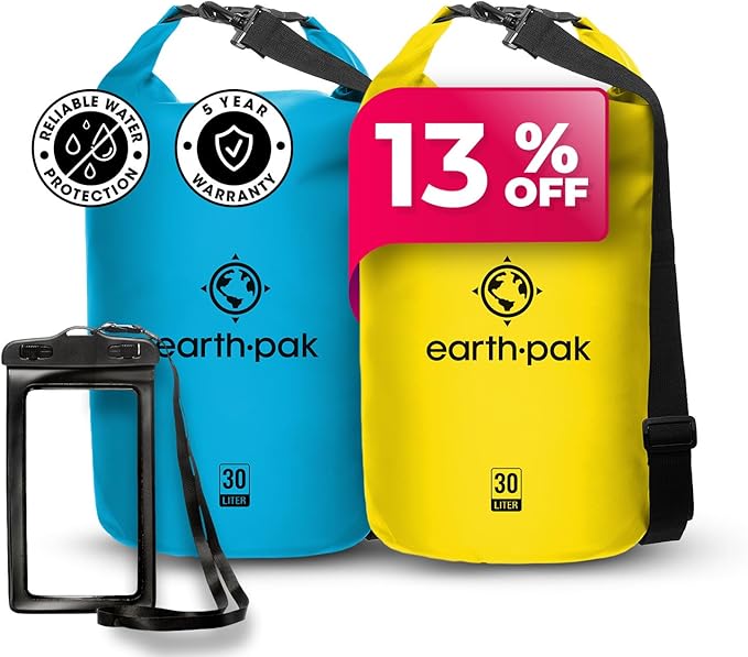 Earth Pak Waterproof Dry Bag - Roll Top Waterproof Backpack Sack (30L Light Blue &amp 30L Yellow)