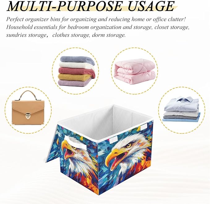 MNSRUU Containers Baskets with Lids Eagle Retro Fabric Foldable Storage Bins Organizer with Lid Collapsible Storage Boxes for Home Bedroom Closet Office