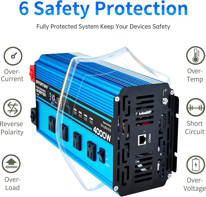 4000w Pure sine Wave Inverter DC 12V to AC 110V/120V Converter 8000w (Peak) with LCD Display Wireless/Wired Remote Control 4AC outlets and 4USB.Ideal for Camping RV Travel Off-Grid Solar Systems