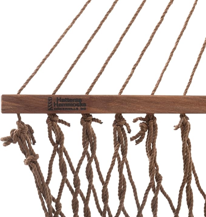 Hatteras Hammocks Small Amtique Brown DuraCord Rope Hammock – 11 ft. x 45 in. 450 lb Capacity Cumaru Spreader Bar Zinc-Plated Hardware Handcrafted in The USA