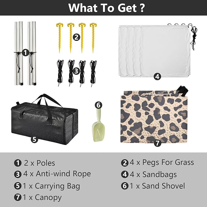 Leopard Print Pattern Stable Beach Tent UPF50+ Easy Setup Portable Sun Shelter with Sandbags and Shovel for Camping Trips Fishing Backyard Fun or Picnics