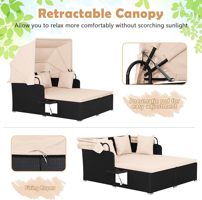 Tangkula Patio Rattan Daybed with Retractable Canopy Outdoor Wicker Sunbed Lounger with 2 Foldable Side Tables Thick Seat &amp Back Cushions Outside Double Daybed for Garden Backyard Porch