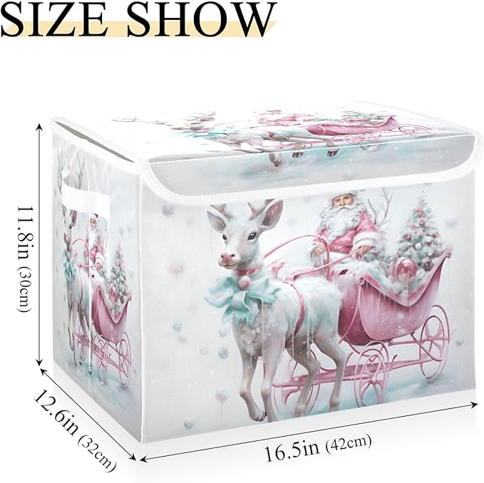 Christmas Baskets Collapsible Storage Bins with Lids Christmas Santa Claus Pink Reindeer Storage Boxes Clothes Baskets for Organizing