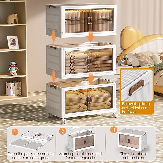 Closet Organizers 4 Tier Stackable Plastic Storage Bins with Lid Moveable Closet Storage Containers on Wheels Foldable Storage Box Cabinet Organizer for Home Office Pantry (3/4 Tiers)