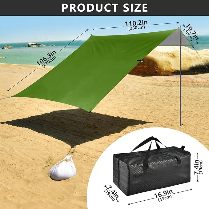 xigua Dark Green Beach Tent Sun Shelter with Carrying Bag - Silver Coated Oxford Fabric Beach Canopy for Beach Camping Fishing - Includes Windproof Ropes Sandbags &amp Stakes