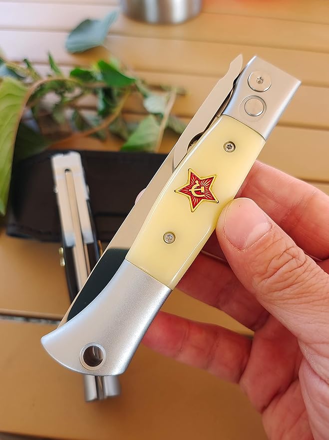 Russian Finka-NKVD KGB Folding Pocket Knife3.74 Mirror Polished X12M Steel BladeAviation Aluminum Inlaid Resin HandleCowhide Sheath (Beige handle)