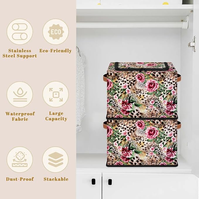 Clothes Storage Bins with Metal Frame Leopard Print Flower Storage Boxes with Zipper Lids Collapsible Cube Clothing Storage Bag with Leather Handle Closet Clothes Organizer Container