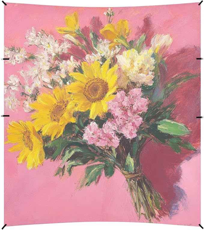 Oil Painting Bouquet on Pink Foldable Beach Tent UPF50+ Water-Resistant Sun Shelter with Sand Shovel Sandbags for Camping Picnics Backyard