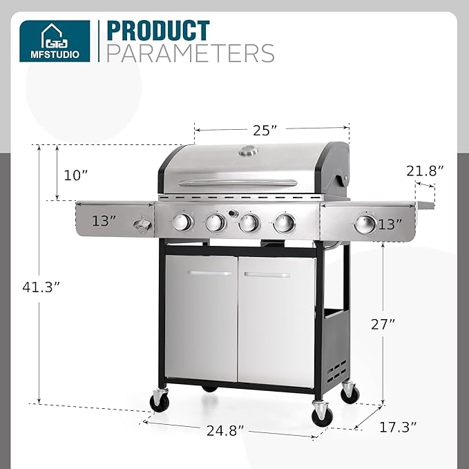 MFSTUDIO 4-Burner Propane Gas Grill Stainless Steel BBQ Grill with Side Burner and Porcelain-Enameled Cast Iron Grates High Heat Output Gas BBQ Grills for Barbeque and Outdoor Cooking