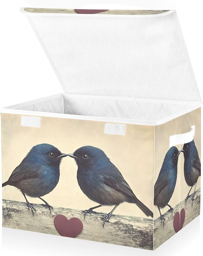 Storage Cube with Lid Valentine Birds Print 16.5×12.6×11.8 IN Collapsible Large Capacity Foldable Storage Basket Bin Organizer