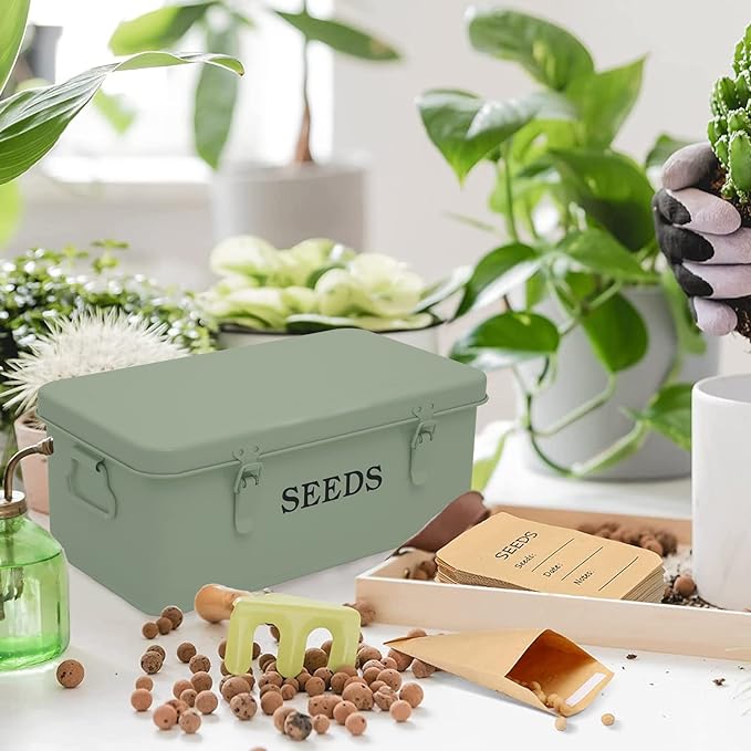 Seed Saving Box Metal Seed Bin Seed Storage Organizer Box Seed Packet Container with Lid Seed Envelope Storage Box 4 Compartments Garden Seed Bin with Safety Locks-Green
