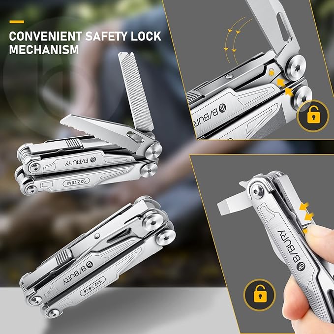 BIBURY Multitool with Pocket Knife 19-in-1 Stainless Steel Pliers with Scissors Self-locking Multi tools with EDC Sheath for Home Camping Hiking Survival Gifts for Men BI2038A