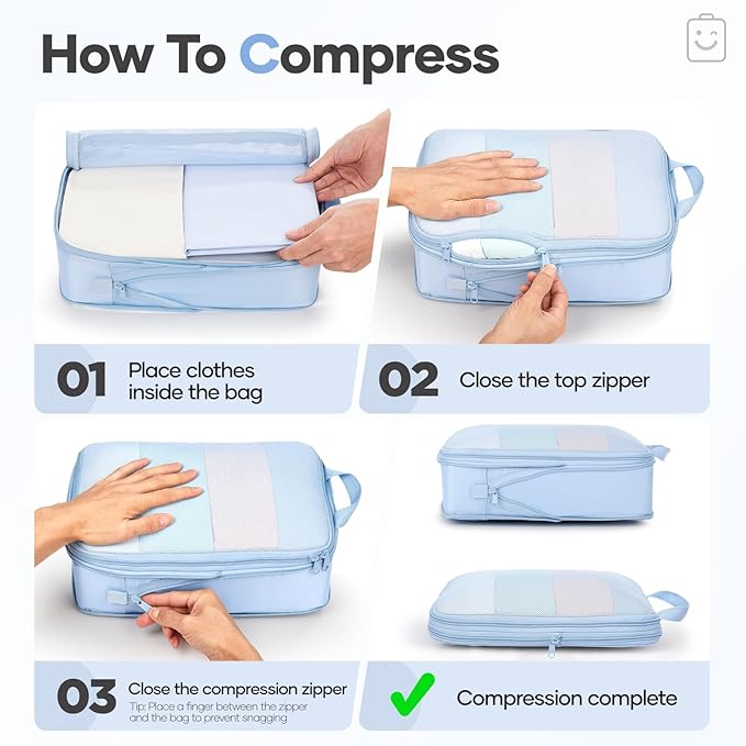 Veken 11 Set Compression Packing Cubes for Travel EssentialsCompressible Expandable Large Luggage Suitcase Organizer Bags for ClothingDurable Space Saver Storage Bags with Toiletry Bags(Light Blue)
