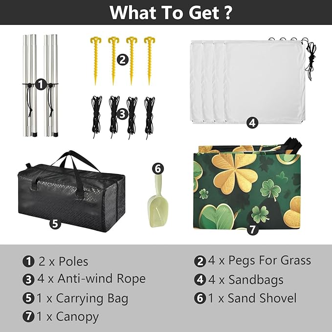St Patrick's Day Shamrock Beach Tent Sun Shelter Set UPF50+ UV Protection 10.5 x 9.19 FT Camping Shade Canopy with Sandbags Sand Anchors Carrying Bag and Others