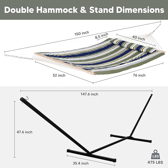 SUNCREAT Hammocks Double Outdoor Hammock with Stand Cotton Rope Two Person Hammock with Polyester Pad &amp Large Pillow Blue&amp Gray