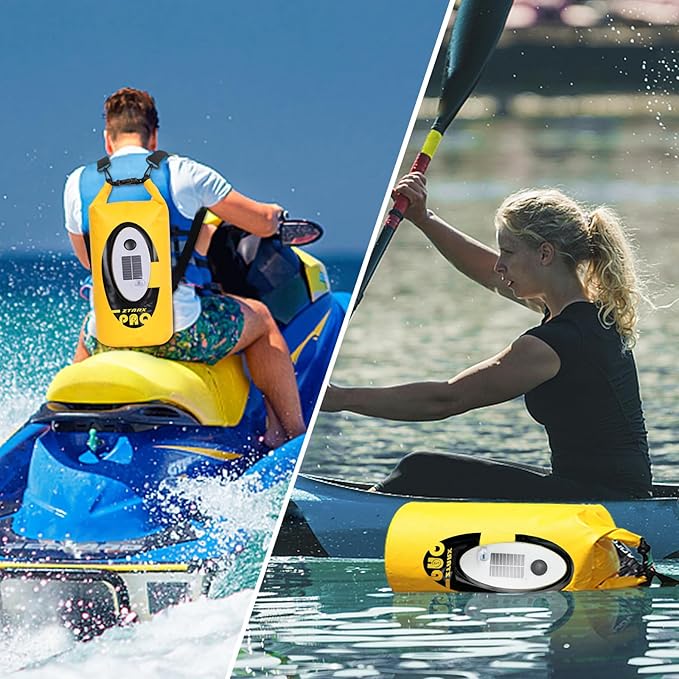 Qoolife Dry Bag Waterproof with Solar Bluetooth Speaker &amp Light - 10L/20L Roll Top Dry Sack Keeps Gear Dry for Men Women Kayaking Beach Rafting Boating Hiking Camping and Fishing