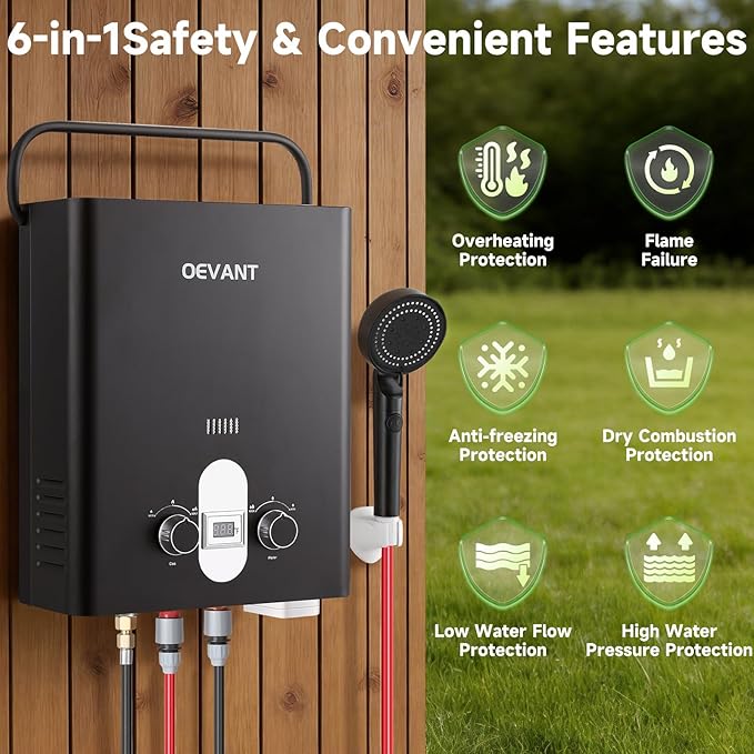 Propane Water Heater 1.32 GPM 5L Portable Tankless Water Heater with Overheating Protection Upgrade Screw-free Back Shell Instant Hot Water for RV Camping Outdoor Shower (BLACK)