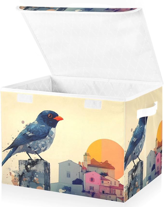 AIXIWAWA Lidded Storage Cube (Bird Artwork) Fabric Foldable Closet Bins with Flip Lid and Handles Organizer Basket Container 16.5 x 12.6 x 11.8 IN