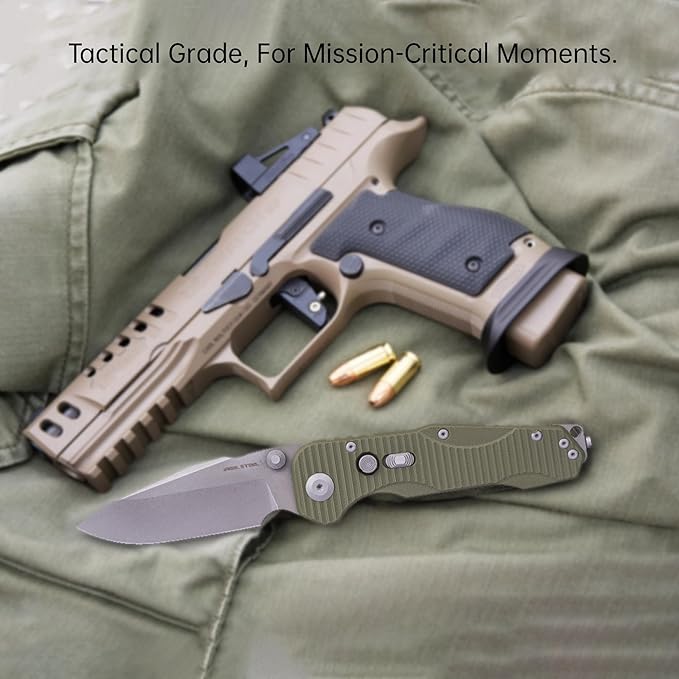 REALSTEEL Evolution Ironclad Folding Pocket Knife3.8Droppoint D2 BladeButton Frame LockG10 HandleThumb StudSafety Switch6.5ozEDC Tactical Indoor OutdoorCampingHikingDaily UseGift for Men W