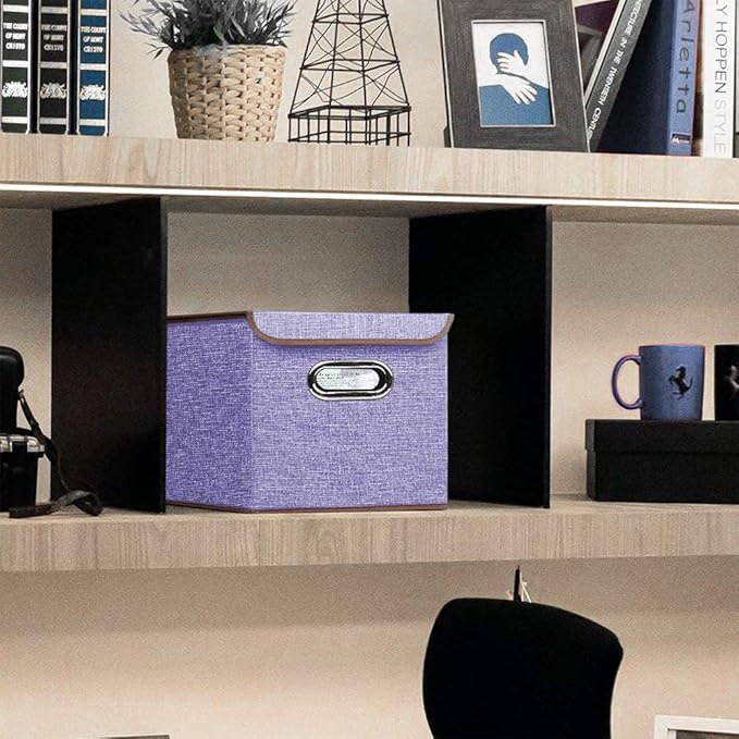 Storage Bin [Set of 4] Linen Fabric Foldable Container with Lid Collapsible Organizer Boxes Cubes – 10 x 10 x 10 Inches (Purple)