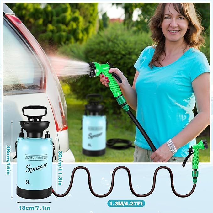 Vevitts Portable Pressure Sprayer Shower 5L for Camping with 7 Spray Modes Hand Press Camping Shower with Hose and Shower Head Hiking Traveling Shower Garden Sprayer Pet Shower Blue