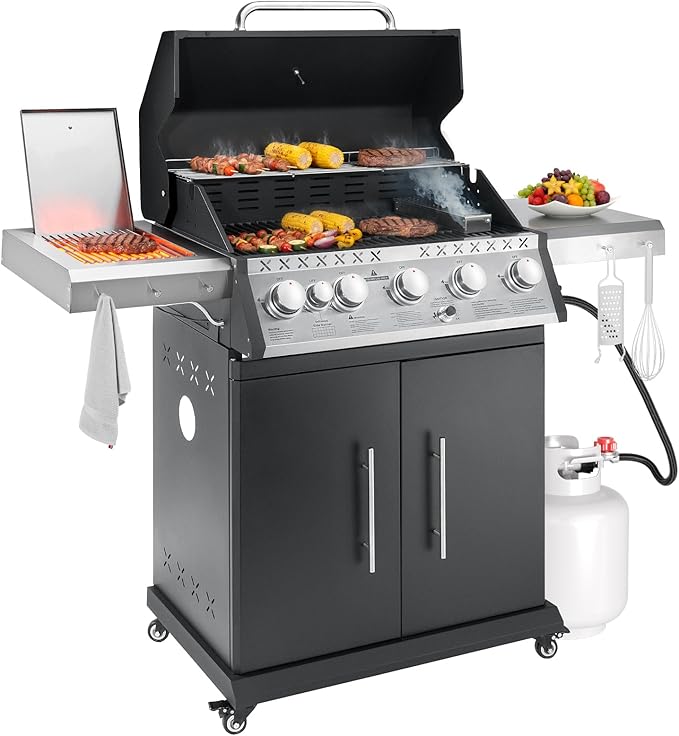 Propane Gas Grill 5+1 Stainless Steel Barbecue Grill with Infrared Side Burner for Outdoor Cooking
