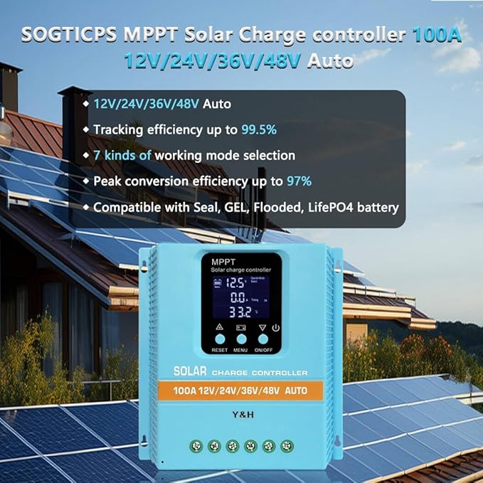 MPPT 100A Solar Charge Controller 12V 24V 36V 48V LCD Display Battery Intelligent Regulator Max 100V Input Dual USB for Lead-Acid/Lithium