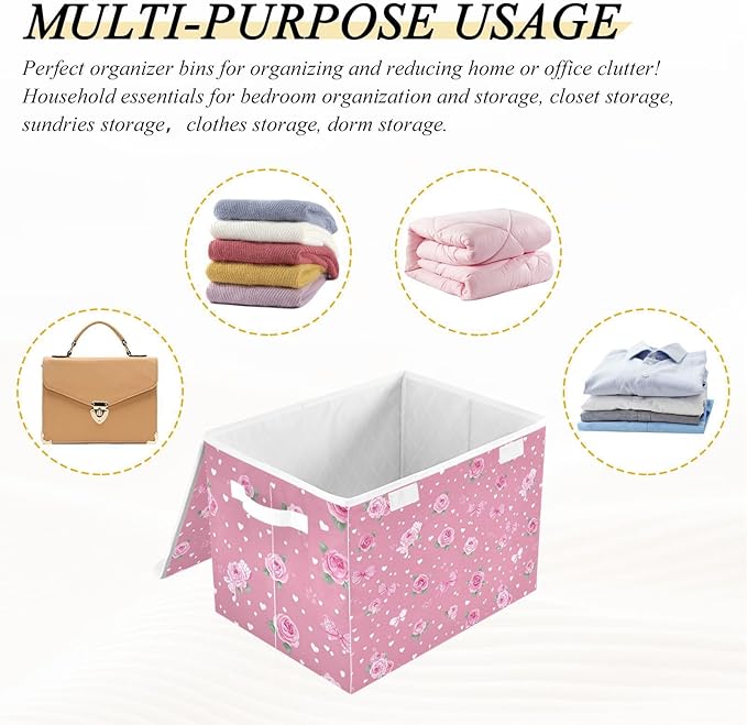 Pink Valentine Heart Roses Bows Storage Box with Lid 1 PC Foldable Storage Bin with Lids Stackable Storage Bins Cube Closet Organizer Basket with Flip-Top Lid &amp Handles for Shoes Books Towels