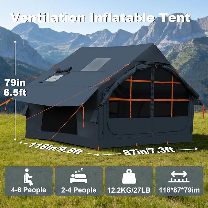Inflatable Camping Tent2/4/6/8 Person Glamping Inflatable Tents with Awning Quick Setup Blow Up Tents with Pump Waterproof Oxford Inflatable House for Camping Air Glamping Hot Tents for Adult