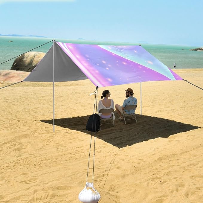Beach Canopy with Windproof Ropes &amp Sandbags Beach Tent Sun Shade Sun Shelter for Camping Trips Fishing Backyard Fun or Picnics Purple Texture