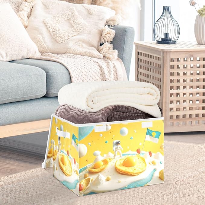 Cartoon Astronaut Storage Cube Bins Basket with Lid Collapsible Flip-top Fabric with Handle for Home Bedroom Closet Office 16.5×12.6×11.8 in