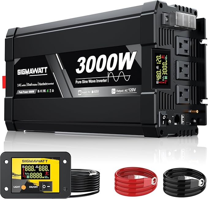 3000W Pure Sine Wave Inverter 48V DC to 120V AC–Heavy Duty Power Inverter for Off-Grid Solar SystemRVWashing Machine Refrigerator Freezer TV&ampAir Conditioner with LED Display and Remote Monito