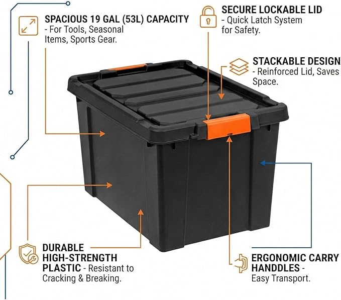19 Gal Heavy Duty Plastic Storage Bins with Lockable Lids Storage Bin Plastic Storage Bins Stackable Latching Tote for Toolseasonal Items Sports Equipment Black