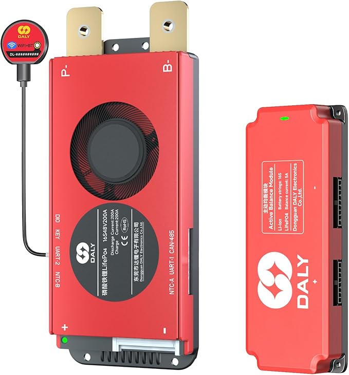 DALY BMS 48V 16S 200A Balance - Smart WiFi Bluetooth BMS with 5A Active Cell Balancing Supports RS485 CAN for 24V LiFePO4 Battery Pack Golf Carts Electric Outboard Motors Solar Energy Power Systems