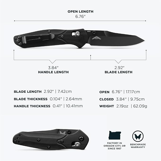Benchmade - Mini Osborne Every Day Outdoor Folding Knife Reverse Tanto Blade with Black G10 Handle (945BK-1)