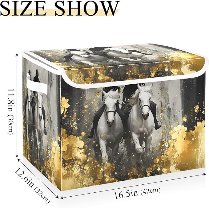AIXIWAWA Lidded Storage Cube (Horses Gold) Fabric Foldable Closet Bins with Flip Lid and Handles Organizer Basket Container 16.5 x 12.6 x 11.8 IN