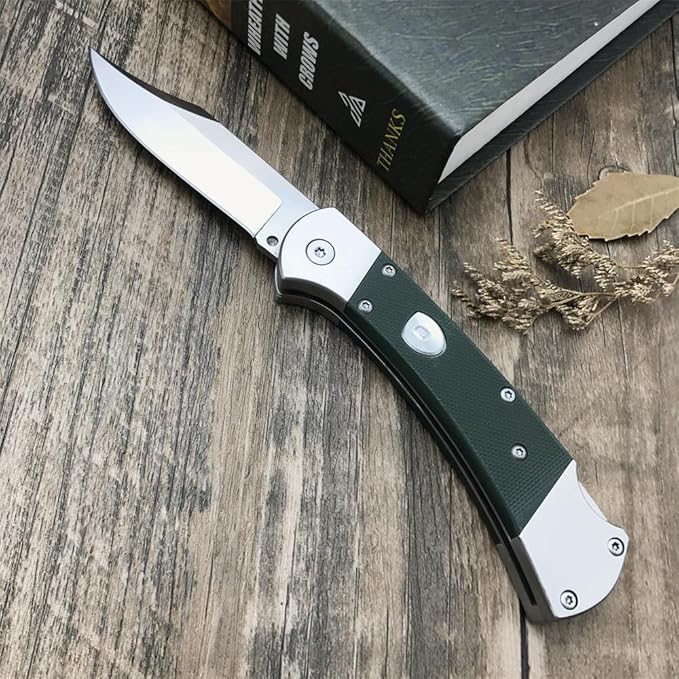 push button assisted opening Folding Knife440C Stainless Steel Blade Backlock G10 Handle with Leather Sheath EDC Pocket Knives for Men (Green)