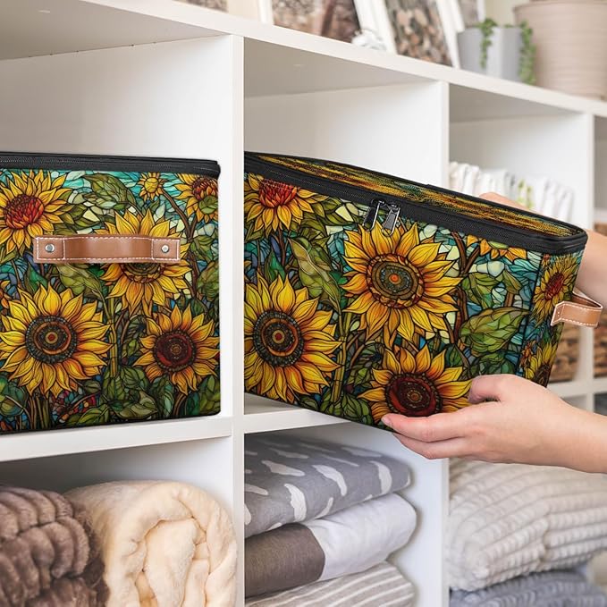 Sunflower Oil Painting Storage Bins with Zipper Lid Fabric Storage Containers for Clothes Collapsible Closet Storage Basket with Metal Frame 2 Pack