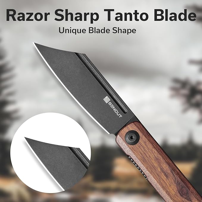SENCUT Bronte Folding Pocket Knife with Front Flipper Opener 3.38 Inch Blade Cuibourtia Wood Handle with Black Stonewashed 9Cr18MoV Blade SA08E
