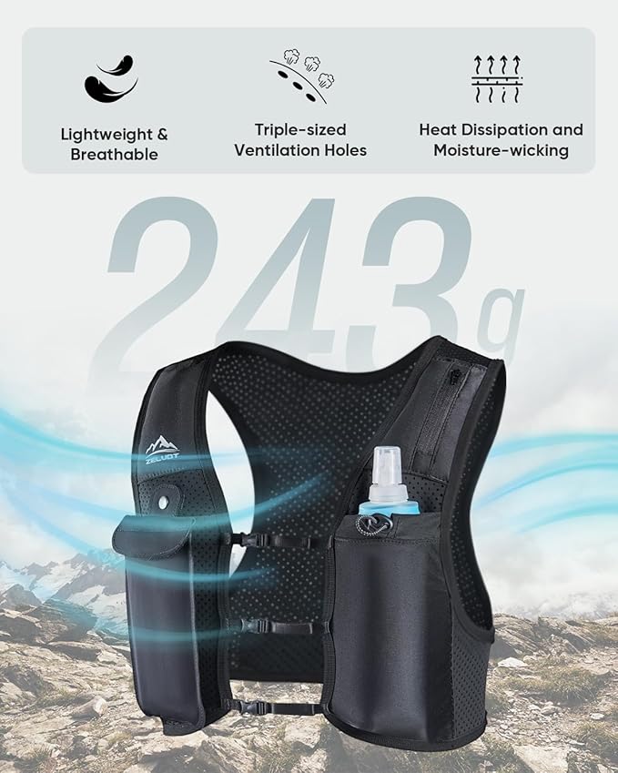 Zelvot Running Vest for Women Men USA Original Patent Adjustable Chest Straps Running Hydration Vest with 500ml Soft Flask Lightweight Reflective Hydration Backpack for Marathon