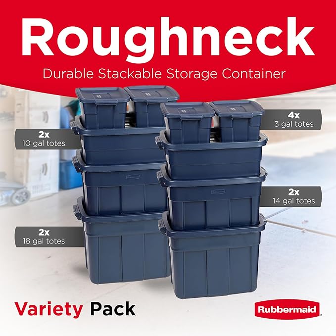 Rubbermaid Roughneck Tote Variety - |Made in the USA| Dark Indigo Metallic Rugged Plastic Stackable Storage Tote with Lid and Handles (Pack of 10)